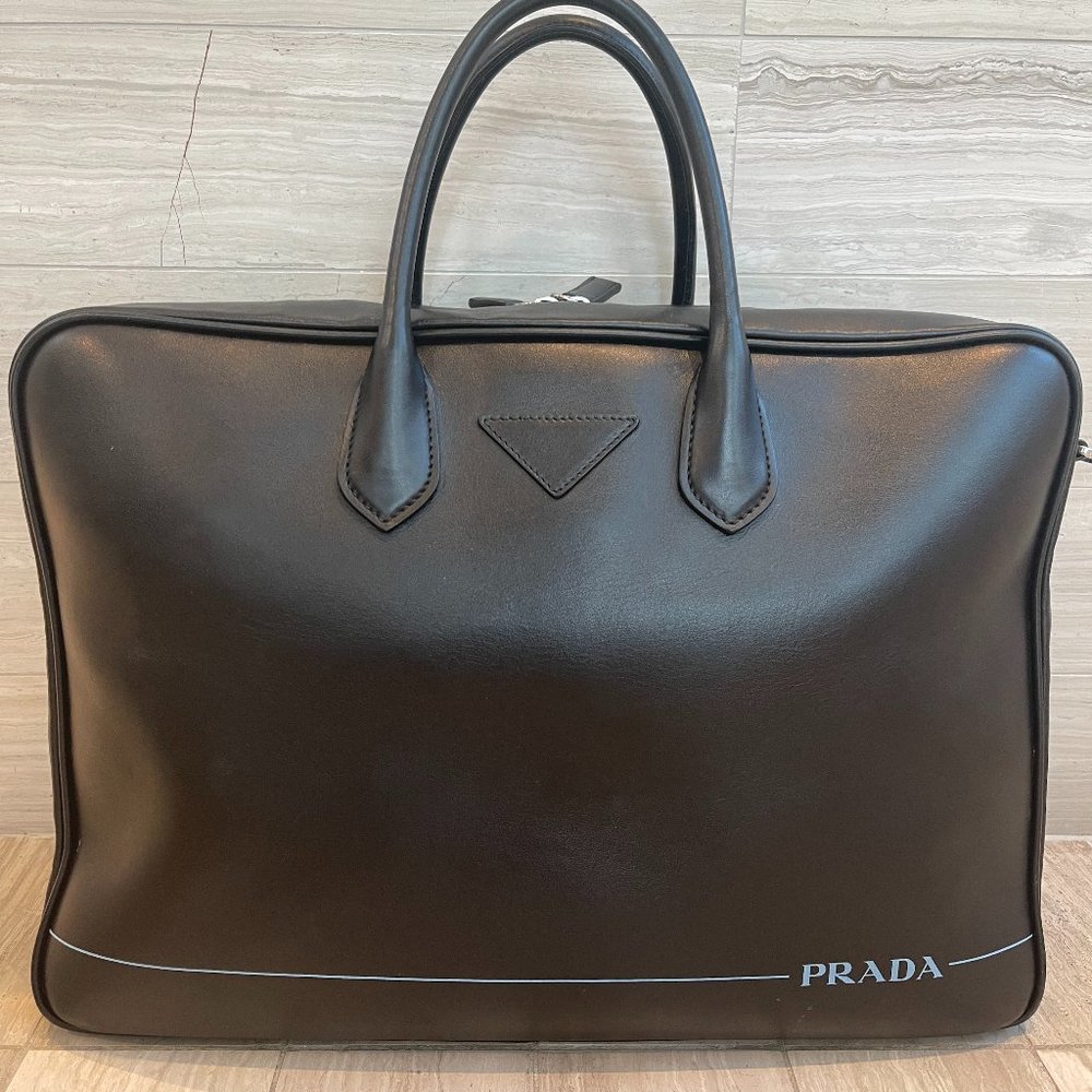 Prada Premium Black Leather Briefcase / Travel Bag